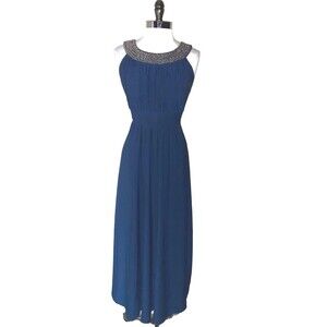 HAANI Size L Maxi Dress Blue Sleeveless Stretch Silver Beads